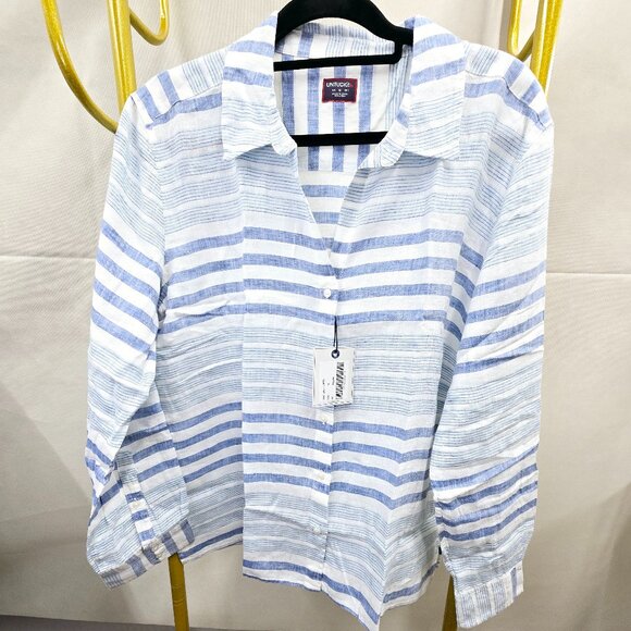 NWT UNTUCKit VIETTI BLUE WHITE STRIPED 100% LINEN BUTTON FRONT COLLARED SHIRT - Picture 1 of 8